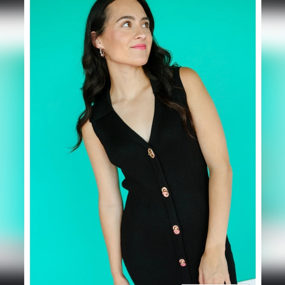 Boutique Skies Are Blue Ribbed Gold Button Midi Dress Black Small Miami O'clock - Picture 6 of 13